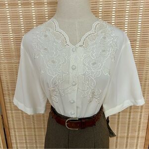 Vintage Cream Romantic Blouse Embroidered Pearl Details